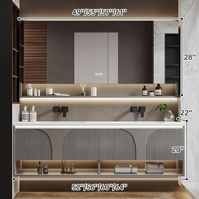 Double Bathroom Vanity with Sink, 52IN Floating Bathroom Vanity Set with Smart Defogging Mirror Cabinet and Open Shelf, Oak Wood Bathroom Cabinet with Two Drawers and Bottom Open Storage (Grey)