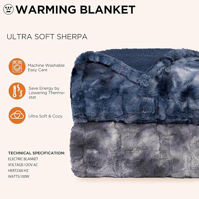 Westinghouse Electric Blanket Twin, Faux Fur Heated Blanket with 10 Heating Levels & 1-12 Hours Auto Off, Soft Cozy Sherpa Heated Blanket Washable Blanket (62" x 84" Twin Size, Indigo)