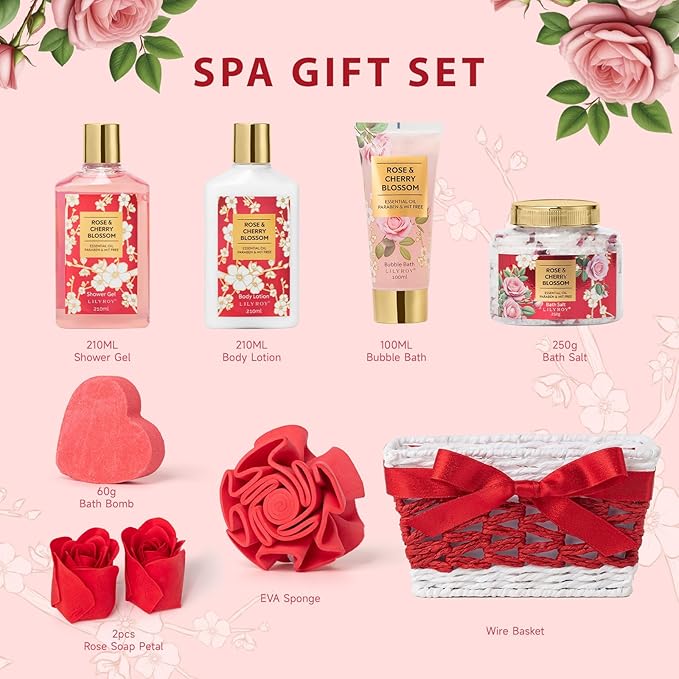 Christmas Gifts for Women - 9 Pcs Rose Bath and Body Gift Basket Set for Women, Spa Gift Set with Shower Gel | Pampering Gifts for Valentine's, Birthday, Mothers Day Gifts for Mom, Gift Sets for Her