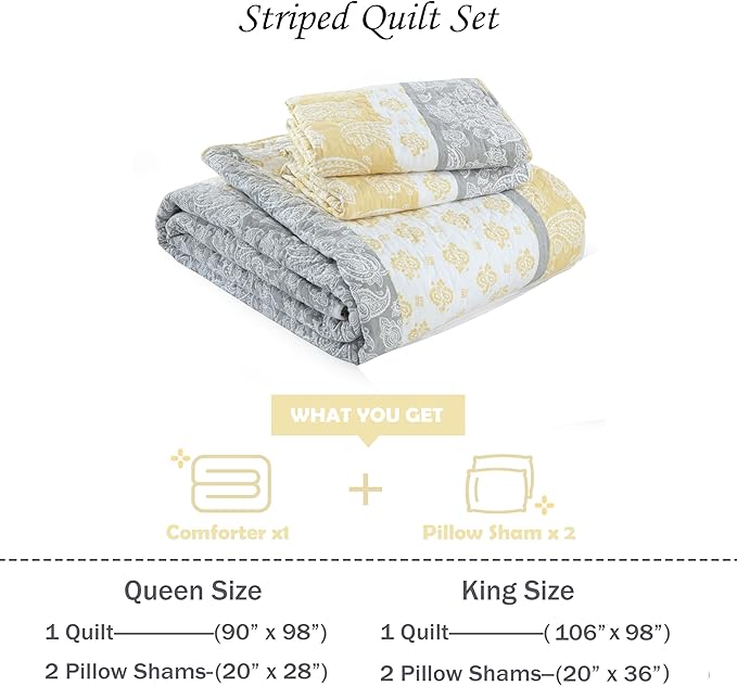 Quilt King Size, Cotton King Size Comforter Set, Yellow Grey White Bedding, Farmhouse Striped Bed Set, Lightweight Bedspread All Seasons 3 Piece