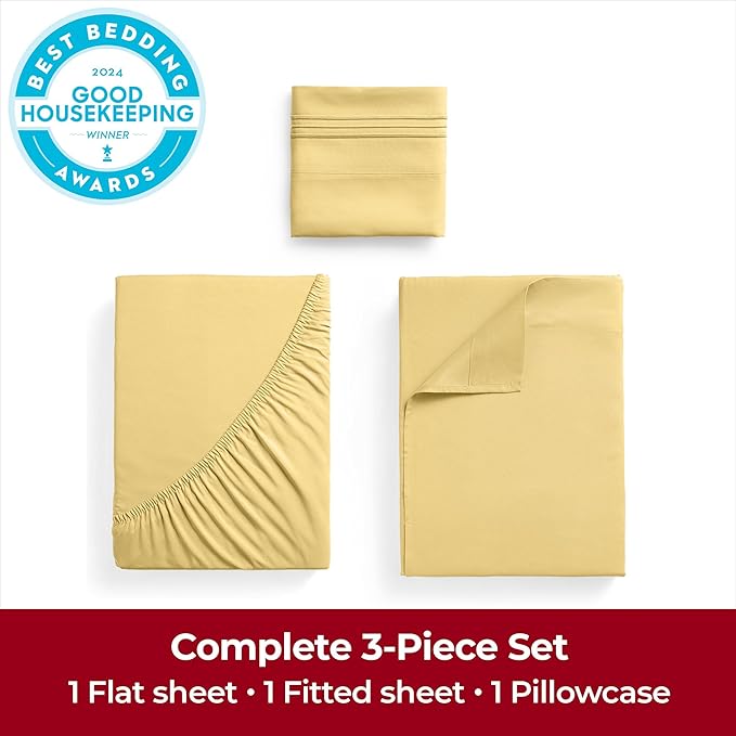 Mellanni Twin XL Sheets Set - 3 PC Iconic Collection Bedding - Hotel Luxury, Extra Soft, Cooling Bed Sheets - Wrinkle, Fade, Stain Resistant (Twin Extra Long, Yellow)