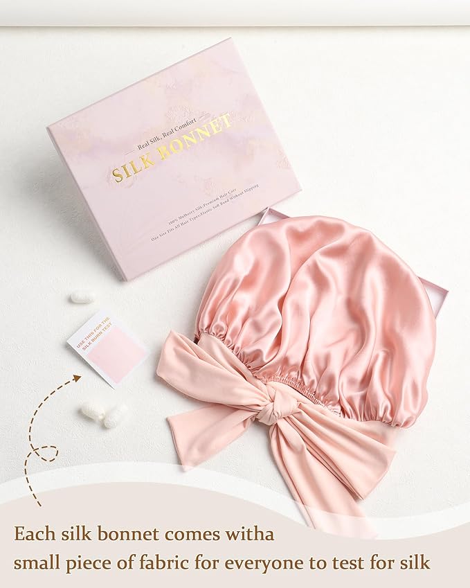 AWAYTR Mulberry Silk Bonnet for Sleeping - Silk Sleep Bonnet with Tie Band for Curly Hair Men and Women (Pink)