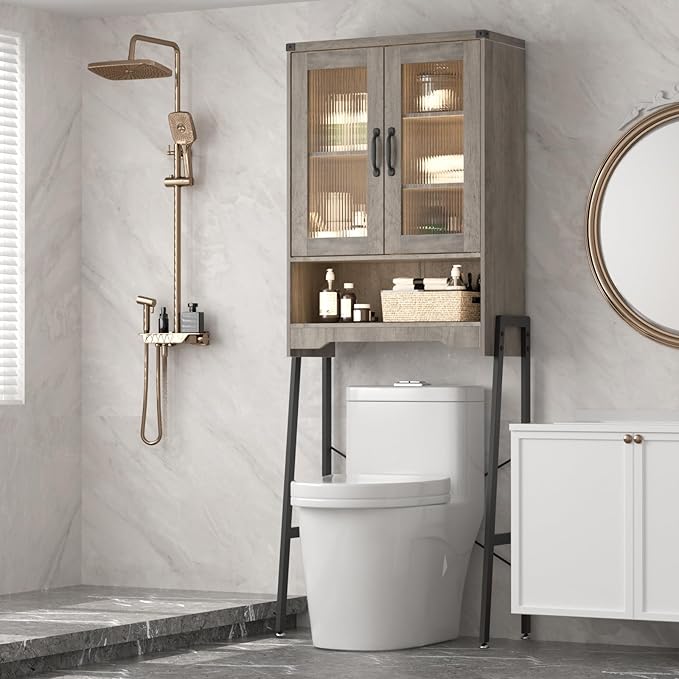 Over The Toilet Storage Cabinet with Tempered Glass Doors and Adjustable Shelf, Bathroom Organizer with Metal Stand Space Saver Over Toilet , Modern Toilet Rack for Bathroom, Restroom, Laundry, Grey