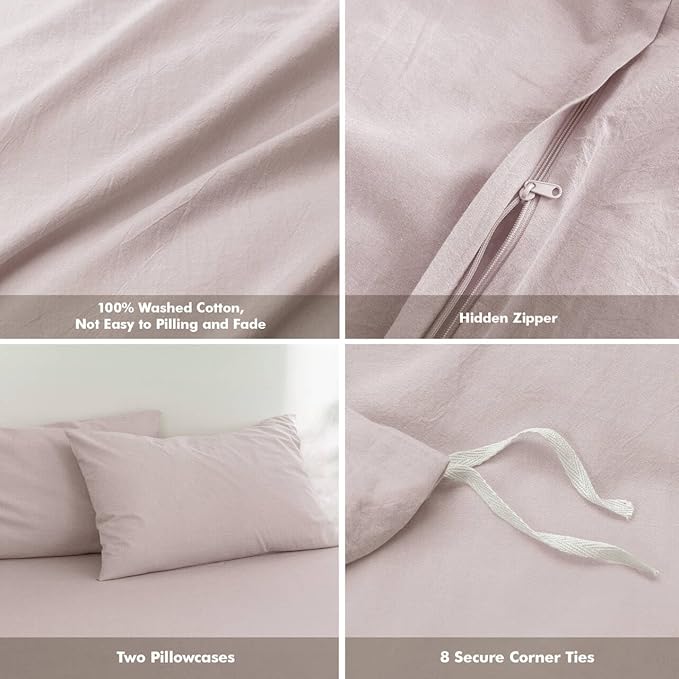 FOSSA Duvet Cover Set 100% Washed Cotton Linen Feel Super Soft Breathable Cozy 3 Pieces Bedding Sets Solid Greyish Pink Super King Plus