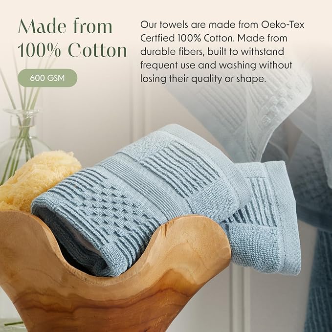 Springtree Home 100% Cotton Bath Towel Set of 4 | Blue Towels | Geometric Textured Design | Absorbent & Quick-Dry | 4 Bath Towels | Oeko-TEX® Standard 100 Cotton | Myla Collection - Arona Blue