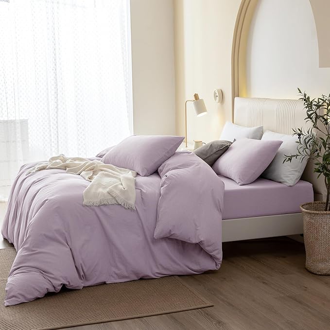 JIYUAN 100% Washed Cotton Duvet Cover Set 3 Pieces Cal King, 1 Duvet Cover 104x98 Inches(Comforter Not Included) and 2 Pillowcases,Linen Like Comfy and Breathable,Heathered Light Purple