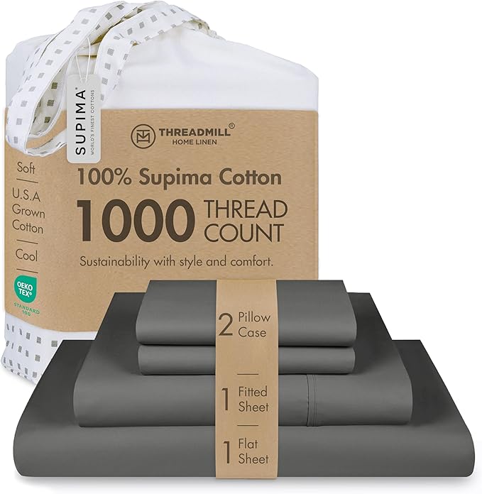 Threadmill Certified 100% American Supima Cotton Sheets, 1000 Thread Count King Size Sheets, 4 Pc Luxury Bed Sheets Set, Hotel Quality Sateen Weave, Dark Grey Sheet with Elasticized Deep Pocket