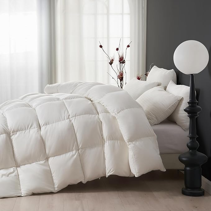 DWR Superior Luxury Feather Down Comforter King Size, Ultra-Soft Rose-Silk Cotton-Blend Fabric, High FP All Season Medium Warmth Bed Duvet Insert(106"x90", White)