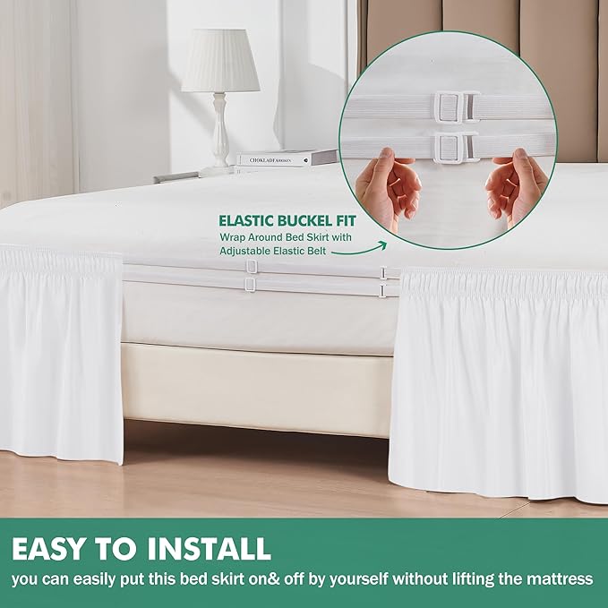Biscaynebay Wrap Around Bed Skirts with Split Corners for Queen Beds 17" Drop, White Elastic Dust Ruffles Adjustable Easy Fit Wrinkle & Fade Resistant Silky Luxurious Fabric Machine Washable