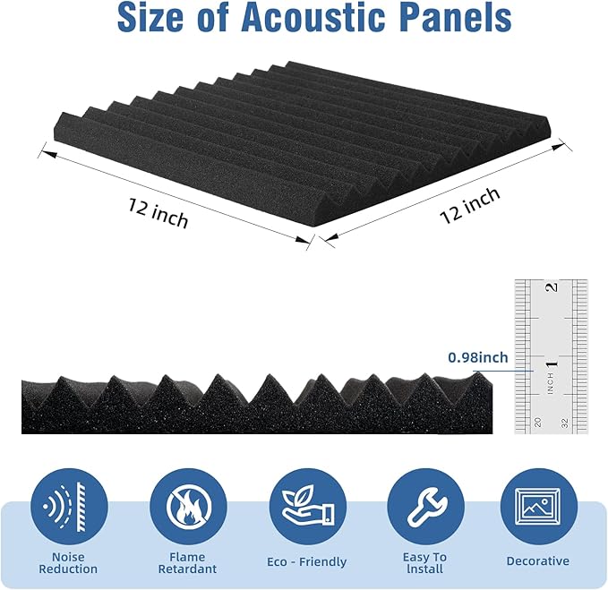 100 Pack Acoustic Panels 1 X 12 X 12 Inches - Acoustic Foam Studio Foam Wedges High Density Panels Soundproof Wedges Charcoal …