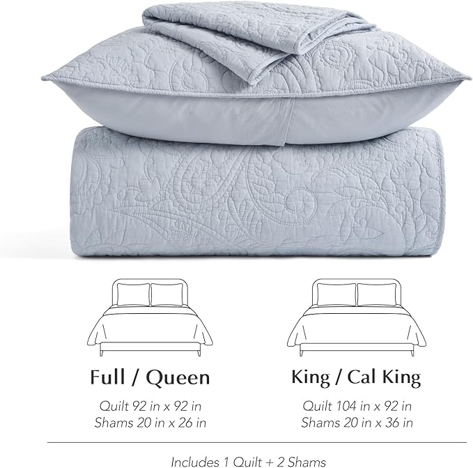 EVERGRACE 100% Cotton Paisley Quilt Set, Queen Size 3 Piece Set – Prewashed Lightweight Bedspread with 2 Shams, Soft & Breathable Matelasse Coverlet for All-Season Comfort, Pearl Blue