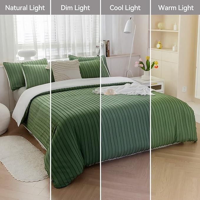 JELLYMONI Duvet Cover Queen Size Green and White - 3PCS Boho Striped Duvet Cover Set Polyester Tufted Bohemian Textured Comforter Cover with Corner Ties & Zipper Closure