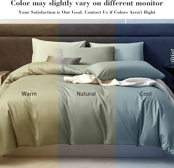 PURE ERA Duvet Cover Set 800 Thread Count Long Staple Cotton Sateen Silky Soft Luxurious Smooth 3 Piece Set Light Olive Green Queen