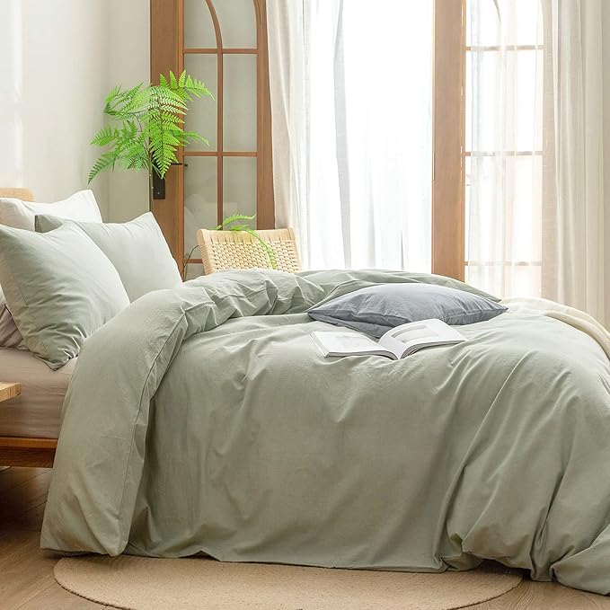 BESTOUCH Duvet Cover Set 100% Washed Cotton Linen Feel Super Soft Comfortable Chic Lightweight 3 PCs Home Bedding Set Solid Sage Green Cal King