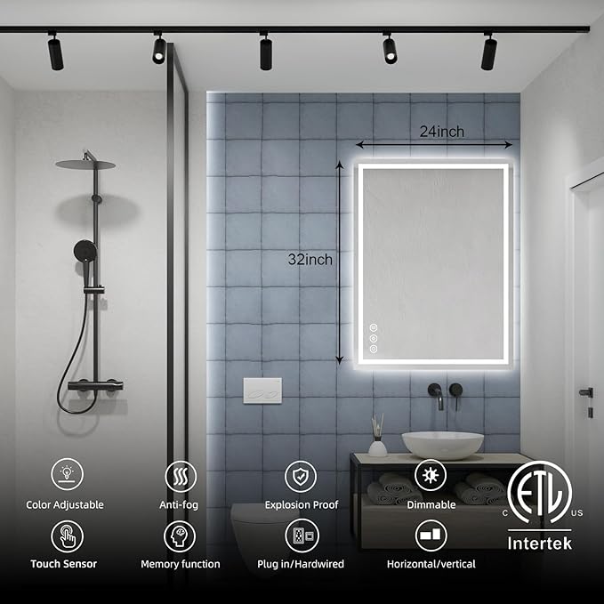 LED Bathroom Mirror with Backlit & Front Light, 32"x24" Anti-Fog, Memory Function, Dimmable Color & Brightness,CRI90+, IP54 Waterproof, Horizontal/Vertical, Wall Mounted