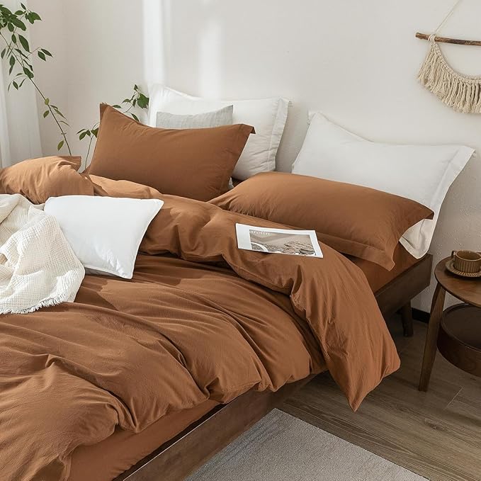 100% Washed Cotton Dark Orange Duvet Cover Oversize Queen Size Bedding Set Cover 1 Duvet Cover with Zipper Closure Plus 2 Pillowcases, 98inch x 98inch