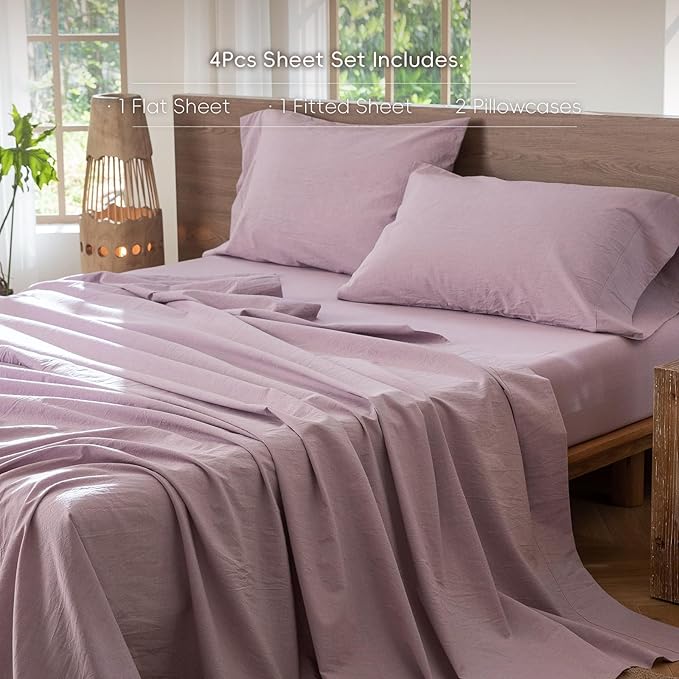 MooMee Bedding Sheet Set 100% Washed Cotton Linen Like Textured Breathable Durable Soft Comfy (Heathered Light Purple, King)