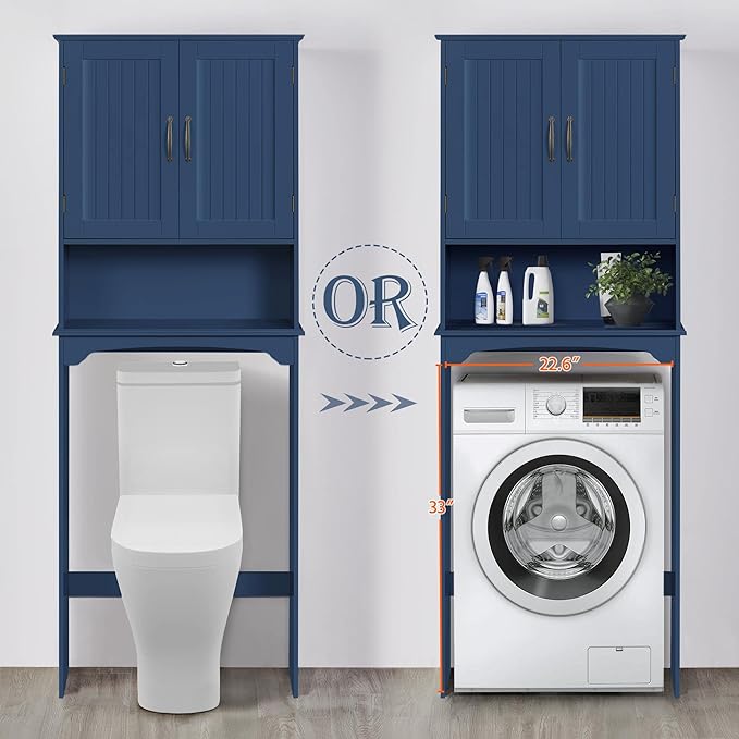 Yaheetech Over The Toilet Storage with 2 Doors & Adjustable Shelf, Free Standing Toilet Rack Wooden Space-Saving Collect Cabinet, Bathroom Furniture, L24.5xW9xH66 in, Navy Blue