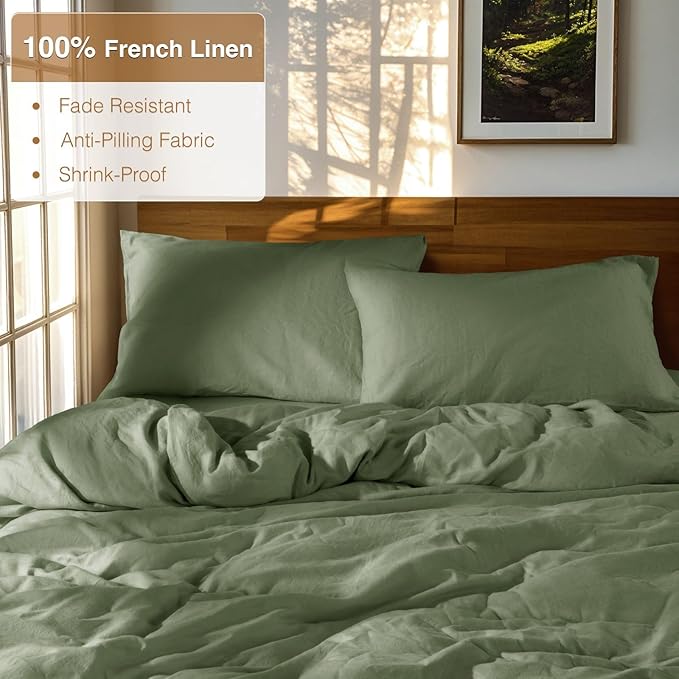 SONORO KATE 100% French Linen Duvet Cover King Size, Soft Breathable for Hot Sleepers, Moisture Wicking & Durable Cover Set - Zipper Closure & 4 Corner Ties Duvet Covers 3 Piece (Olive Green,King)