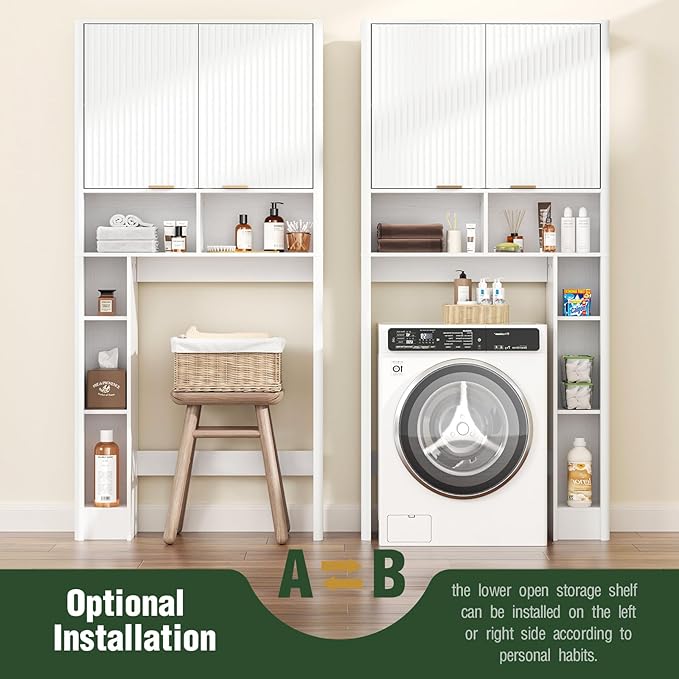 31" W Over The Toilet Storage Cabinet with Fluted Door, White Bathroom Organizer with Adjustable Shelf, Toilet Paper Holder Stand Wave Door for Restroom, Laundry Room