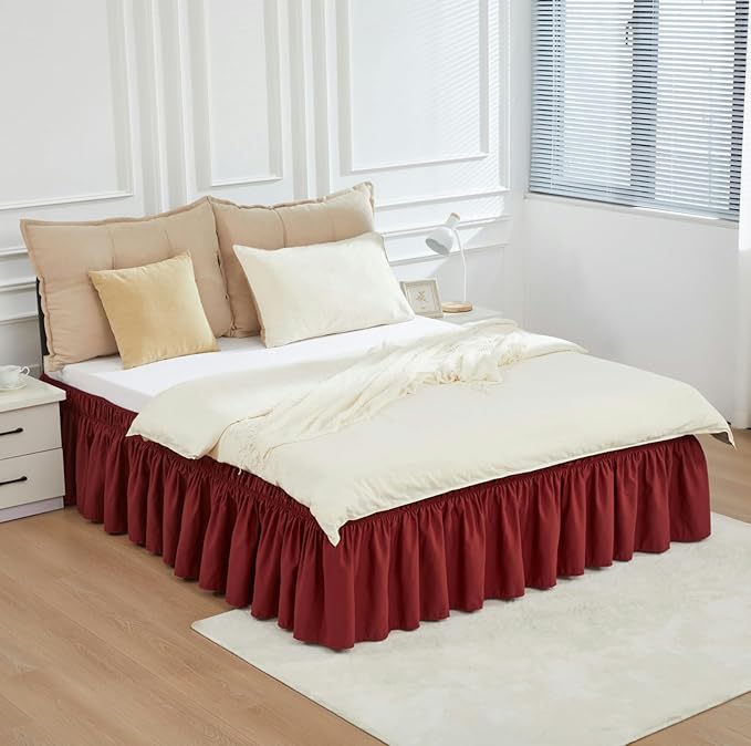 RIMELA Wine Red Bed Skirt Queen Size 15 Inch Drop, Elastic Bed Skirting for Bed Base and Frame, Bedding Dust Ruffle Easy to Install, Lightweight Wrap Around Adjustable Bedskirt