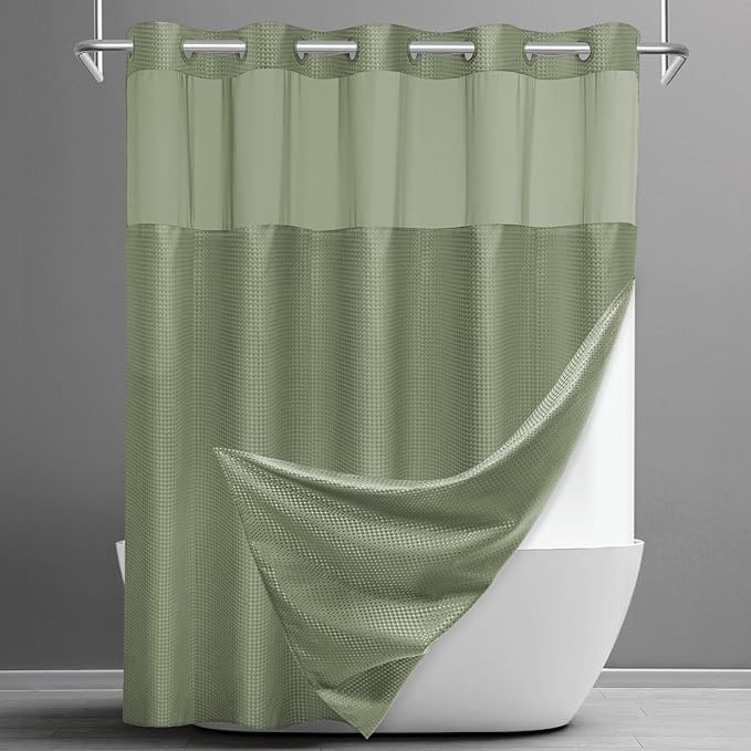 No Hook Shower Curtain with Snap in Liner Set Waffle Shower Curtain for Bathroom Hotel Style Fabric Waterproof Inner Liner，71" W x 74" H, Green