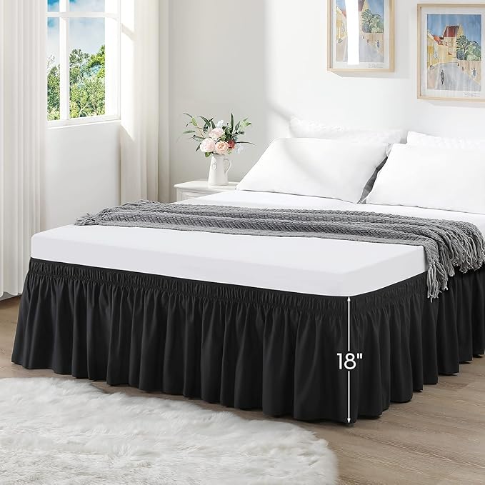 RIMELA Black Bed Skirt King Size 18 Inch Drop, Elastic Bed Skirting for Bed Base and Frame, Bedding Dust Ruffle Easy to Install, Lightweight Wrap Around Adjustable Bedskirt