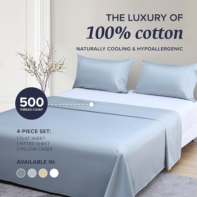Beckham Hotel Collection Full Sheet Set 100% Cotton, 500TC Luxury Sateen Bedding, 16” Deep Pocket, Moisture-Wicking, 4-Piece, Gray