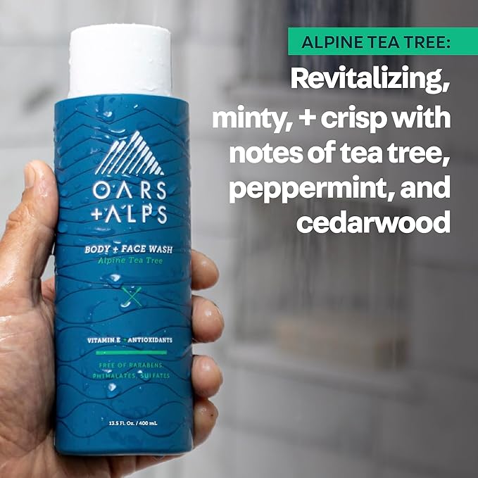 Oars + Alps Men's Moisturizing Body and Face Wash, Skin Care Infused with Vitamin E and Antioxidants, Sulfate Free, Alpine Tea Tree, 2 Pack