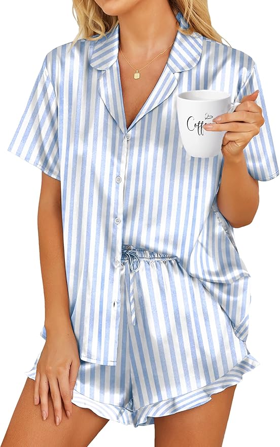 HOTOUCH Womens Satin Pajamas Set Button Down 2 Piece Silk Pjs Shorts Set Ruffle Lingerie Notch Collar Sleepwear