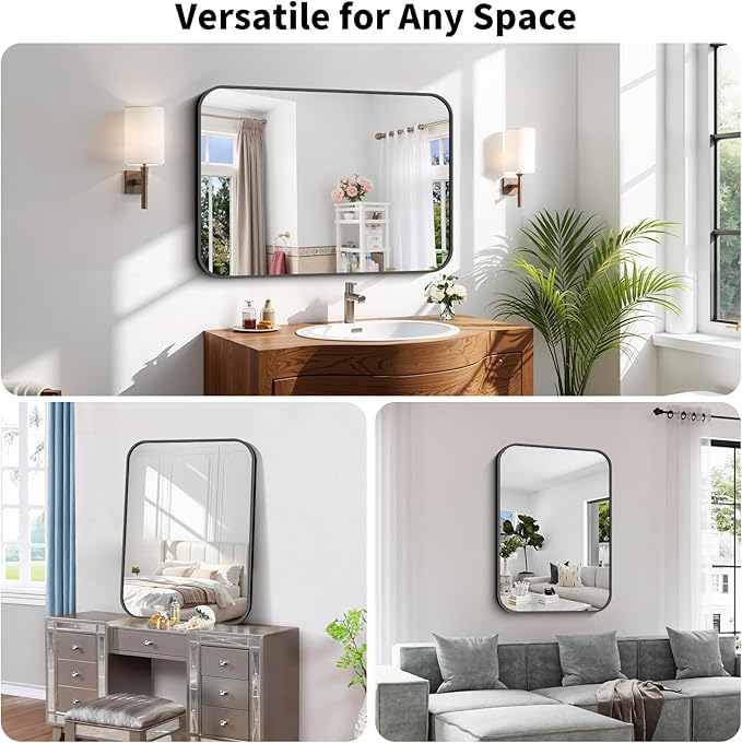 Koonmi Black Framed Bathroom Mirror - 26x38 Inch Shatterproof Tempered Glass Vanity Mirror for Bathroom Sink, Wall Mounted with Matte Aluminum Alloy Frame, No Distortion, Modern Decor