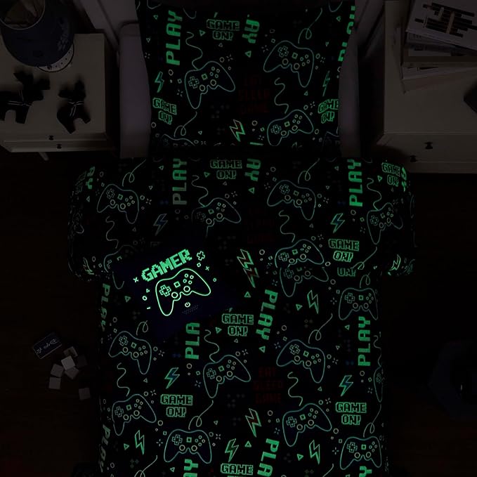 Twin Comforter Set for Boys-3 Pieces Gamer Glow in The Dark Twin Bedding Sets for Kids,1 Comforter,1 Sham and 1 Decor Pillow