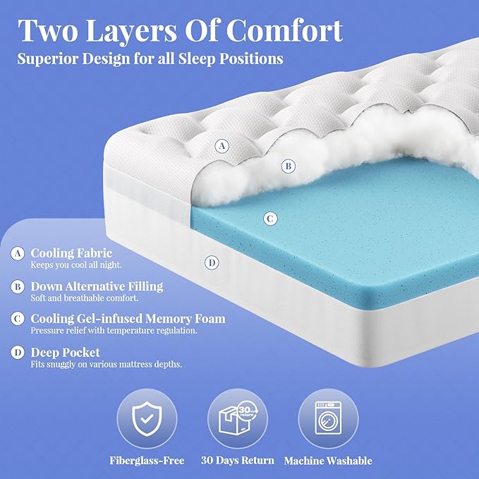 OhGeni Cooling 4 inch Dual Layer King Mattress Topper, 2 inch Cooling Gel Memory Foam, 2 inch Down Alternative Pillow Top Pad, Mattresses Cover for Bed, Medium Support, Fits 6”-19” Deep Pocket