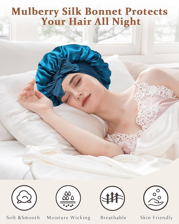 100% Mulberry Silk Bonnet for Sleeping Women Double Layer Silk Hair Bonnet Natural Silk Sleep Cap with Elastic Reversible Hair Wrap (Blue+Gray)