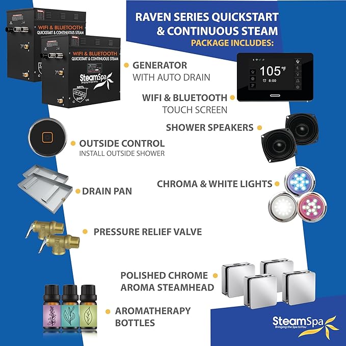 SteamSpa Steam System 24kW Steam Shower Generator with Bluetooth Wifi, Quickstart Continous Steam, Advanced Touch Pad Screen, Chroma Lights, Drain Pan and Auto Drain Chrome RVBS2400CH-A