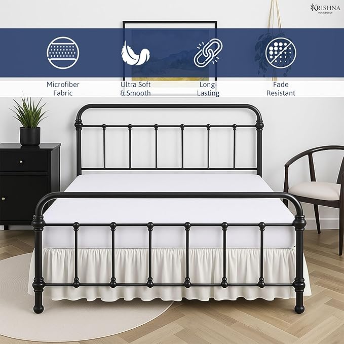 KRISHNA Ruffled Bed Skirt with Split Corners Queen, 100% Microfiber Hotel Quality, 28 Inch Drop Dust Ruffle Gathered Bedskirt with Platform, 60" x 80", Ivory
