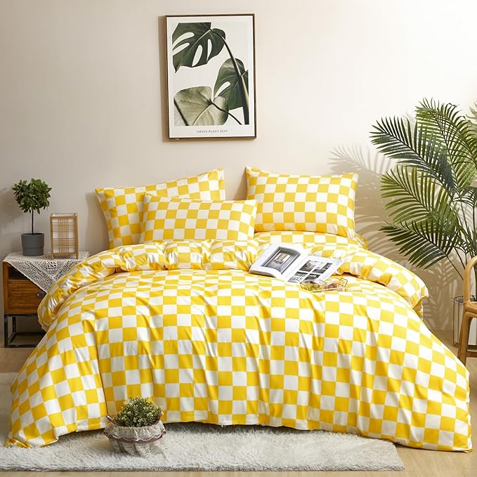 KAREVER Yellow White Grid Comforter Set Twin Yellow Plaid Bedding Set Girls Yellow and White Checkered Kids Breathable Blanket Set