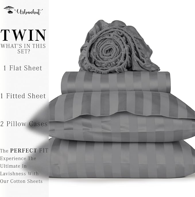 URBANHUT 1000 Thread Count Damask Striped Twin Size Egyptian Cotton Sheets, Long Staple Soft & Breathable, 4 Pc Bed Sheet Sets, Luxury Hotel Sateen Sheets Fits 16" Deep Pocket - Dark Grey