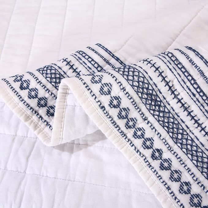 Quilt Set Floral Leaves 3D Embroidery Pattern 2 PCS Cotton Reversible Quilted Embroidered Decorative Bedspreads Coverlet Set, Lightweight &Soft Queen Size Beige Bedding Coverlet for All Season
