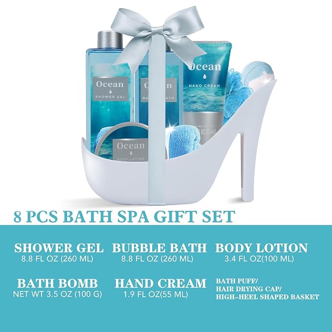 Ocean Bliss Christmas Gifts for Women Spa Basket, High Heel Bath Set with Sea Salt Scrub & Refreshing Gel, Birthday, Anniversary Gifts for Her, Best Friend, Sister