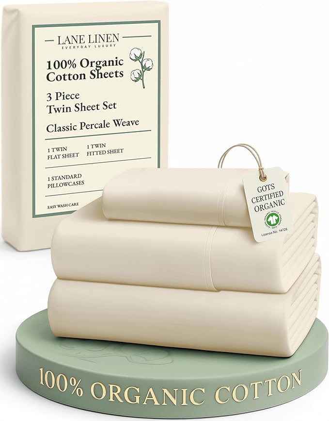 LANE LINEN 100% Organic Cotton Twin Bed Sheet Set, 3 Pc Twin Size Bed Sheets, Soft & Breathable Twin Sheet Set Boys, Hotel Style Bedding Sheets & Pillowcases, 15" Deep Fitted Sheet - Natural