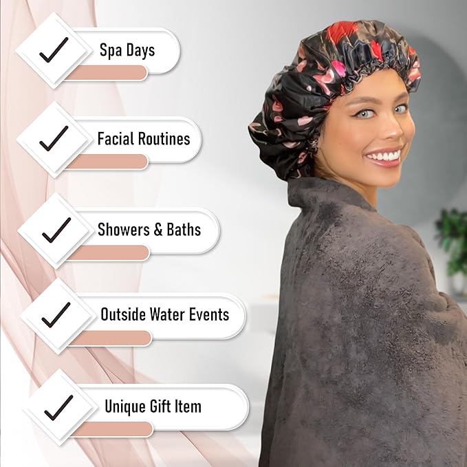 Satin Shower Cap for Women, Reusable and Waterproof Shower Cap for Long Hair, Luxury Print and Double Layer (Black Hearts, Large)