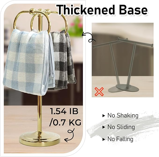 17 Inch Stainless Steel Hand Towel Holder Double Stand Hand Towel Ring for Washcloths or dishcloths Non-Slip Base Free Standing Towel Rack for Bathroom Kitchen (Gold)