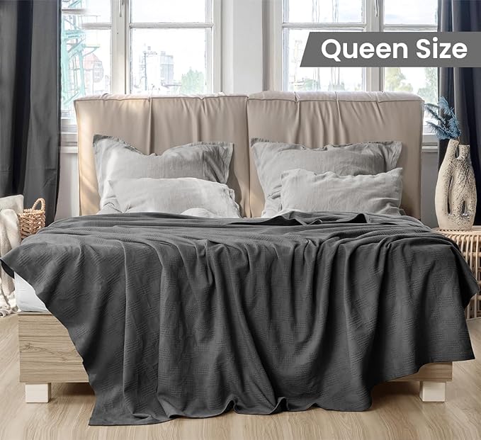 Utopia Bedding Smoke Gray 100% Cotton Blanket [Queen Size - 90x90 Inch] 350GSM Lightweight, Soft and Breathable Thermal Blanket for All Seasons