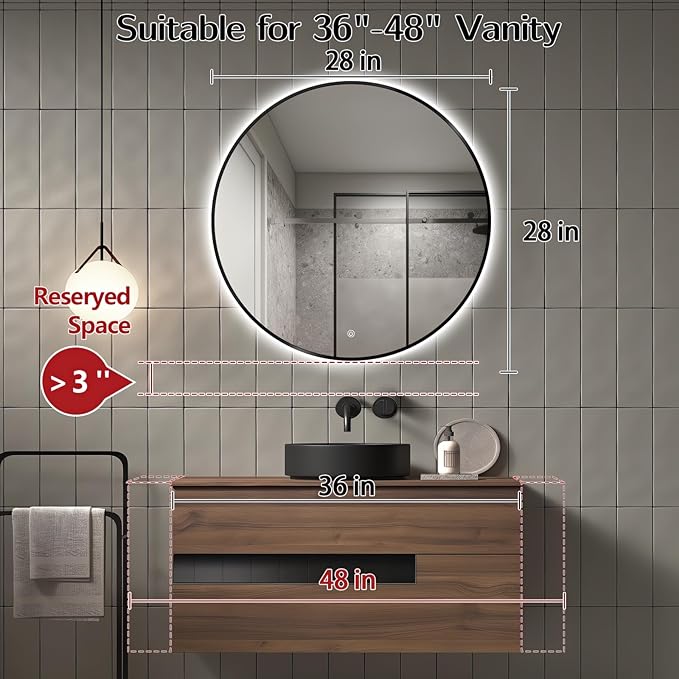 Niccy 28" LED Backlit Round Mirror for Bathroom, Black Framed Vanity Light Wall Mirror LED Smart Circle Mirrors with 3 Lighting Colors, Dimmable Lighted Mirror with Anti-Fog, IP65 Waterproof