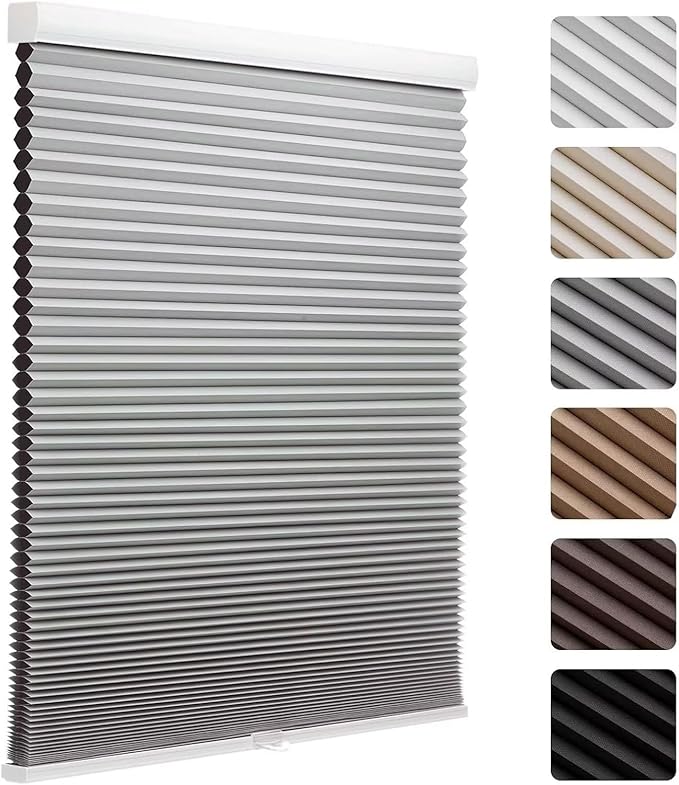 MYshade 1.5-Inch Cellular Cordless Blackout Shades,Thermal Insulating Noise Reducing Waterproof Blinds,Honeycomb Window Treatments for Indoor Light Control (Grey-37 W x 64" H)