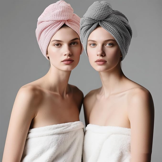 2 Pack Microfiber Hair Towel Wrap for Women, 32" x 11" Waffle Weave Hair Plopping Towel for Curly, Long & Thick Hair, Anti-Frizz Hair Turbans for Wet Hair (Pink, Grey)