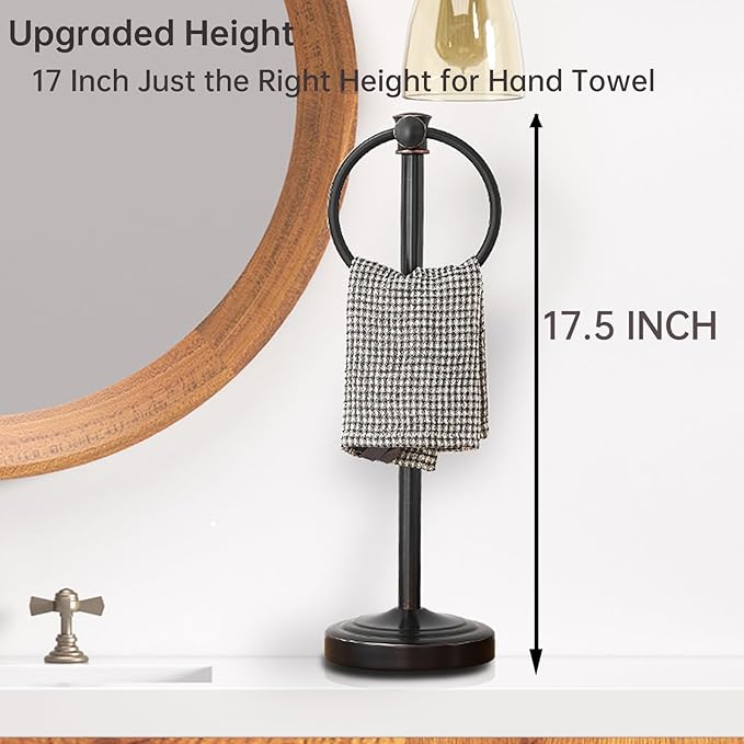 Hoimpro 17 Inch Stand Hand Towel Holder Towel Bar Towel Hanging Ring, Free Standing Floor Hand Towel Rack Storage for Bathroom Kitchen Vanity Countertops, Hardware Accessories(Oil Rubbed Bronze)