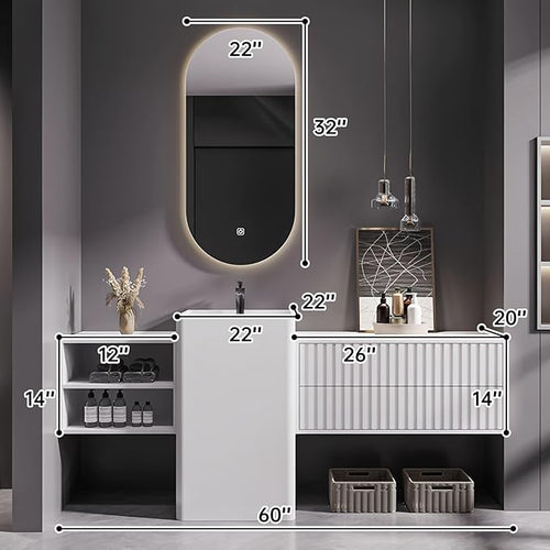 60Inch Freestanding Sink Bathroom Vanity, Wall-Mount Bathroom Cabinet with Open Storage and Striped Drawers, Solid Wood Bathroom Vanity with Smart Defog Mirror and Spacious Rock Plate Countertop