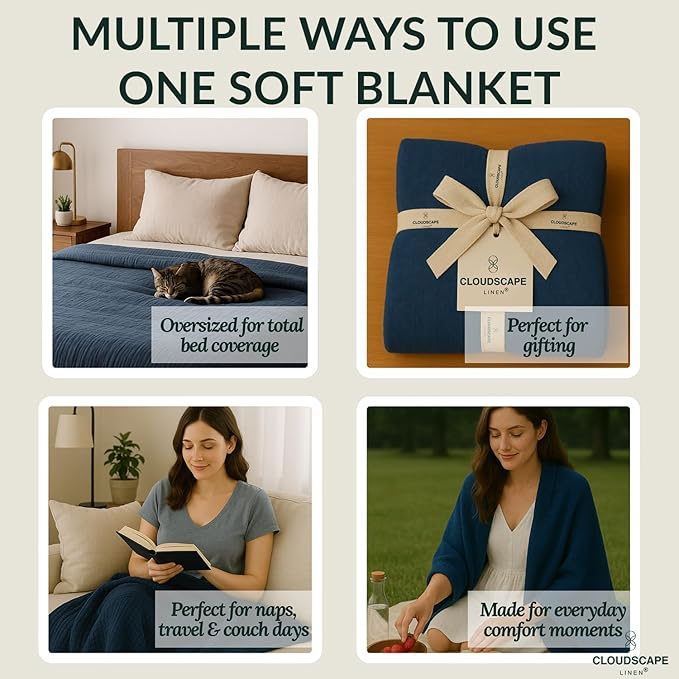 Cloud Scape Linen 100% Cotton 8 Layer Twin Size Muslin Blanket - Breatheable and Soft Winter Blanket for Bed, Couch and Sofa, Oversized Fits up to Twin XL, Best Gift Idea, 68x92, Ensign Blue